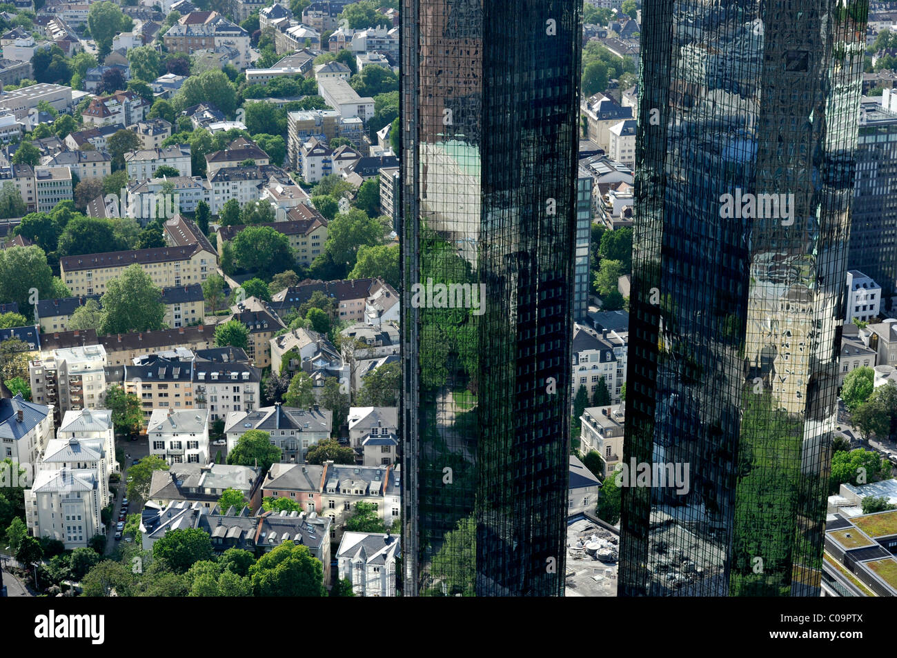 Houses, Deutsche Bank skyscrapers, Financial District, Frankfurt am Main, Hesse, Germany, Europe Stock Photo