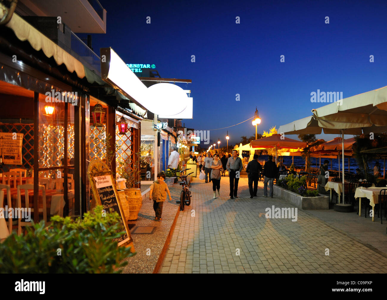 Night shot of the seafront, Perea near Thessaloniki, Chalkidiki, Macedonia, Greece, Europe Stock Photo