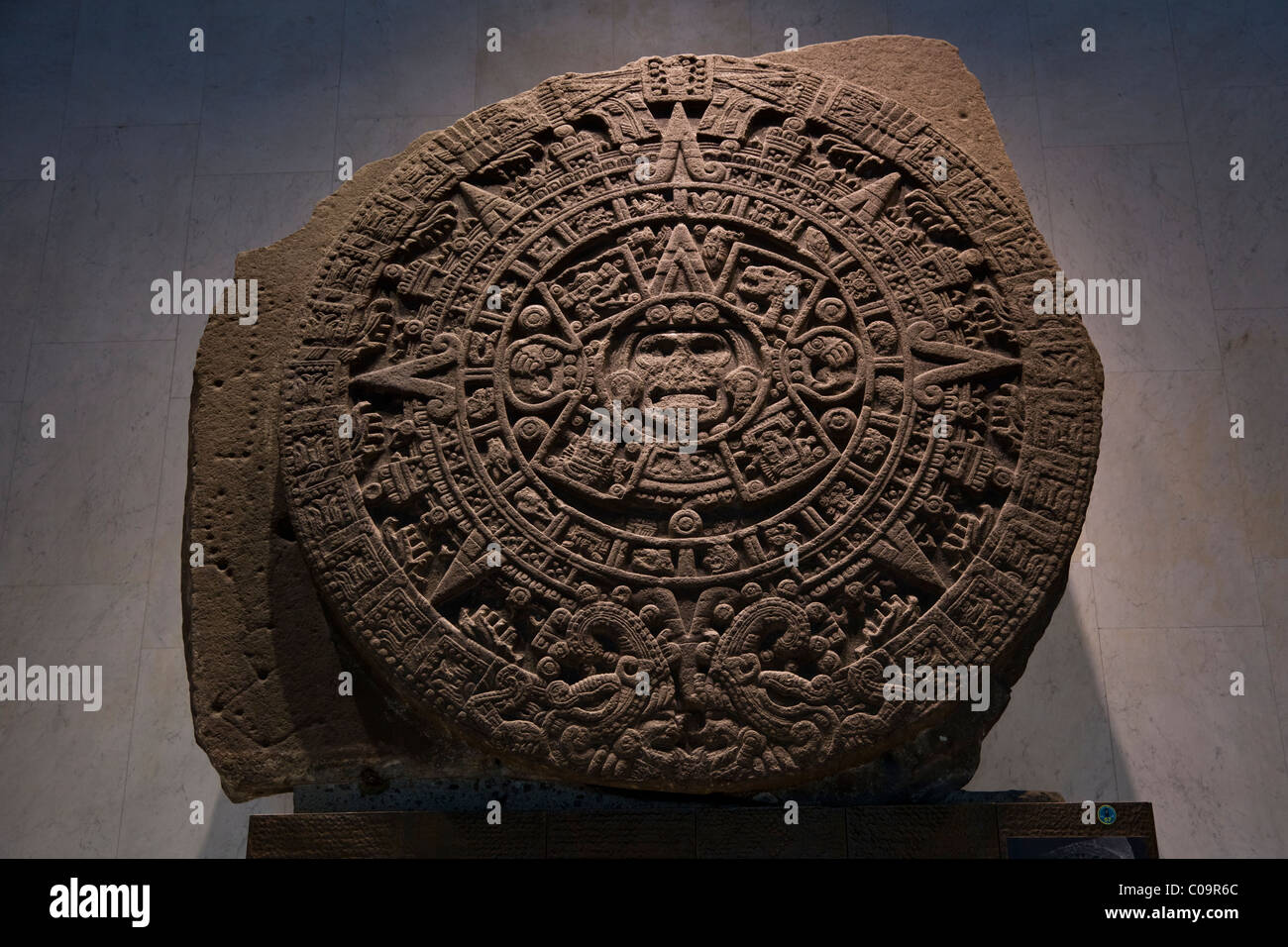 Mexica Sun Stone, Stone of the Fifth Sun, or Aztec calendar in the National Museum of Anthropology in Mexico City. Stock Photo