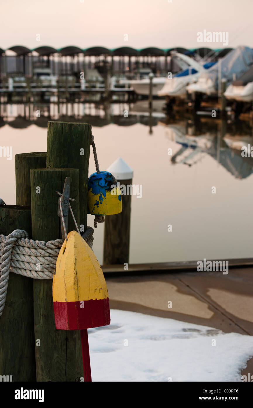 A serene landscape of a quiet marina on the Potomac River in winter. Stock Photo