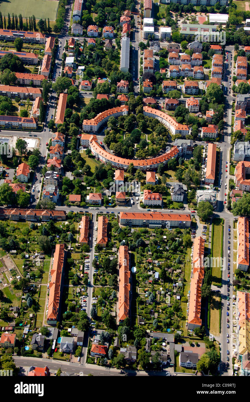 Aerial view, Kirchplatz church square, Laubegast, Dresden, Saxony, Germany, Europe Stock Photo