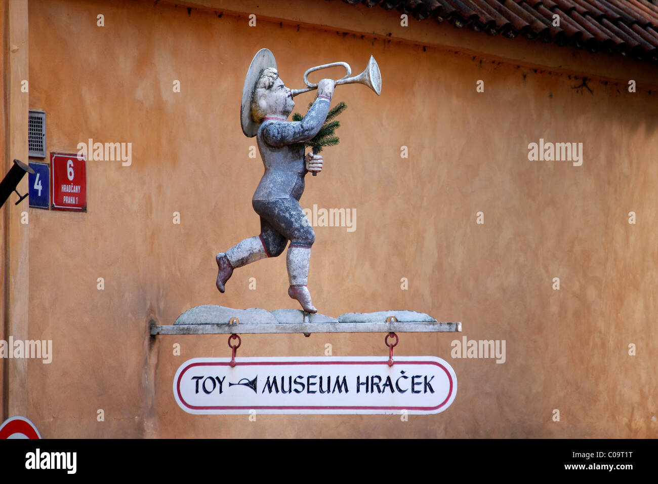 Trumpet, tin figure, museum sign Hracek, Hradcany, Prague Castle, Prague, Czech Republic, Europe Stock Photo