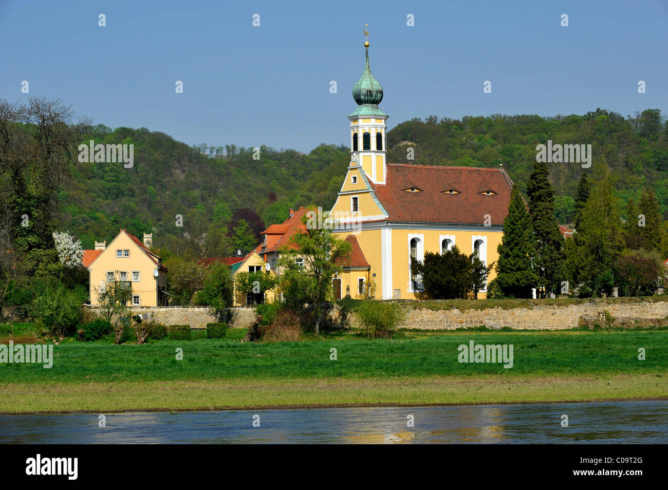 Maria am Wasser mariner's church on the Elbe river in Hosterwitz-Pillnitz in Dresden, Saxony, Germany, Europa Stock Photo