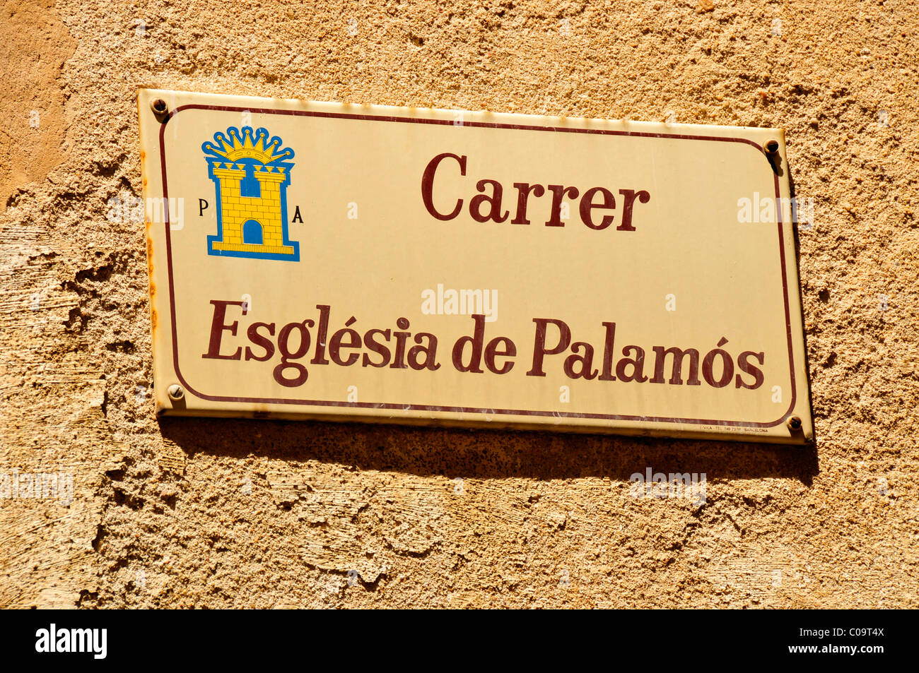 Street sign at the Church of Palamos, Costa Brava, Spain, Iberian Peninsula, Europe Stock Photo