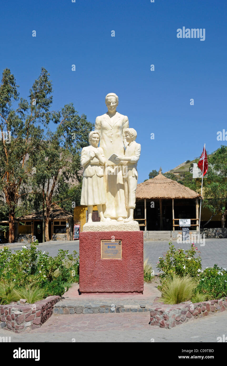 Monument, Gabriela Mistral, writer, Nobel laureate, school children, statue, Monte Grande, village, home, Vicuna, Valle d'Elqui Stock Photo
