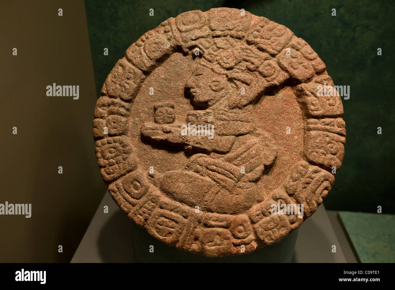 Maya ballcourt marker disc with priest making an offering from Tonina, Chiapas. National Museum of Anthropology, Mexico City. Stock Photo