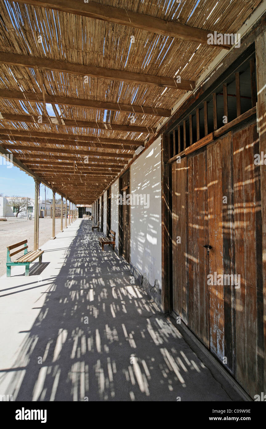 Covered entrances, sunscreens, doors, houses, Humberstone, salpetre works, abandoned salpetre town, ghost town, desert, museum Stock Photo