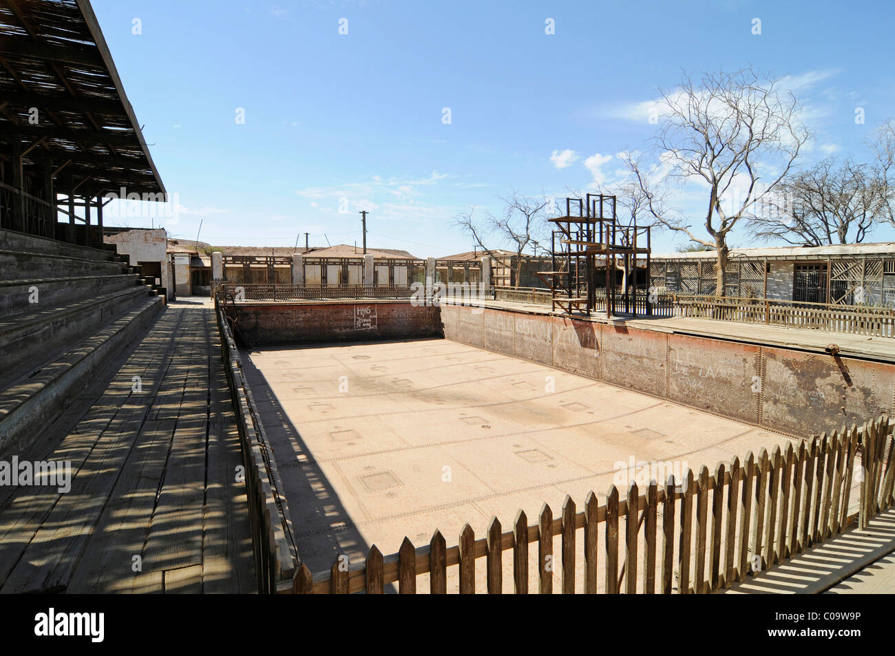 Swimming pool, Humberstone, salpetre works, abandoned salpetre town, ghost town, desert, museum, UNESCO World Heritage Site Stock Photo
