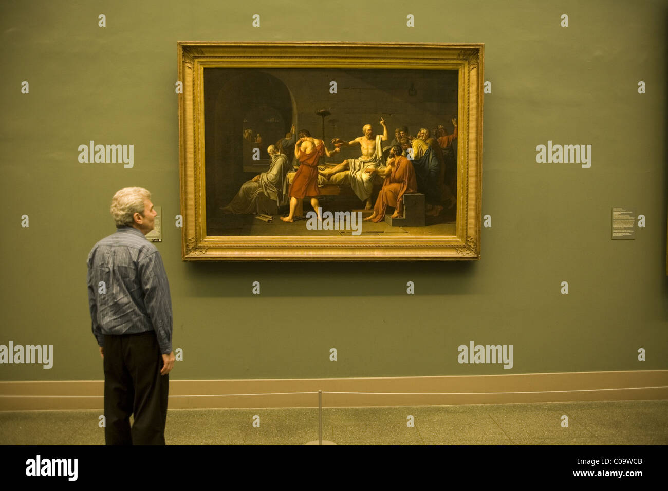 Museum goer ponders 'The Death OF Socrates' (1787) by David at the Metropolitan Museum Of Art in New York City. Stock Photo