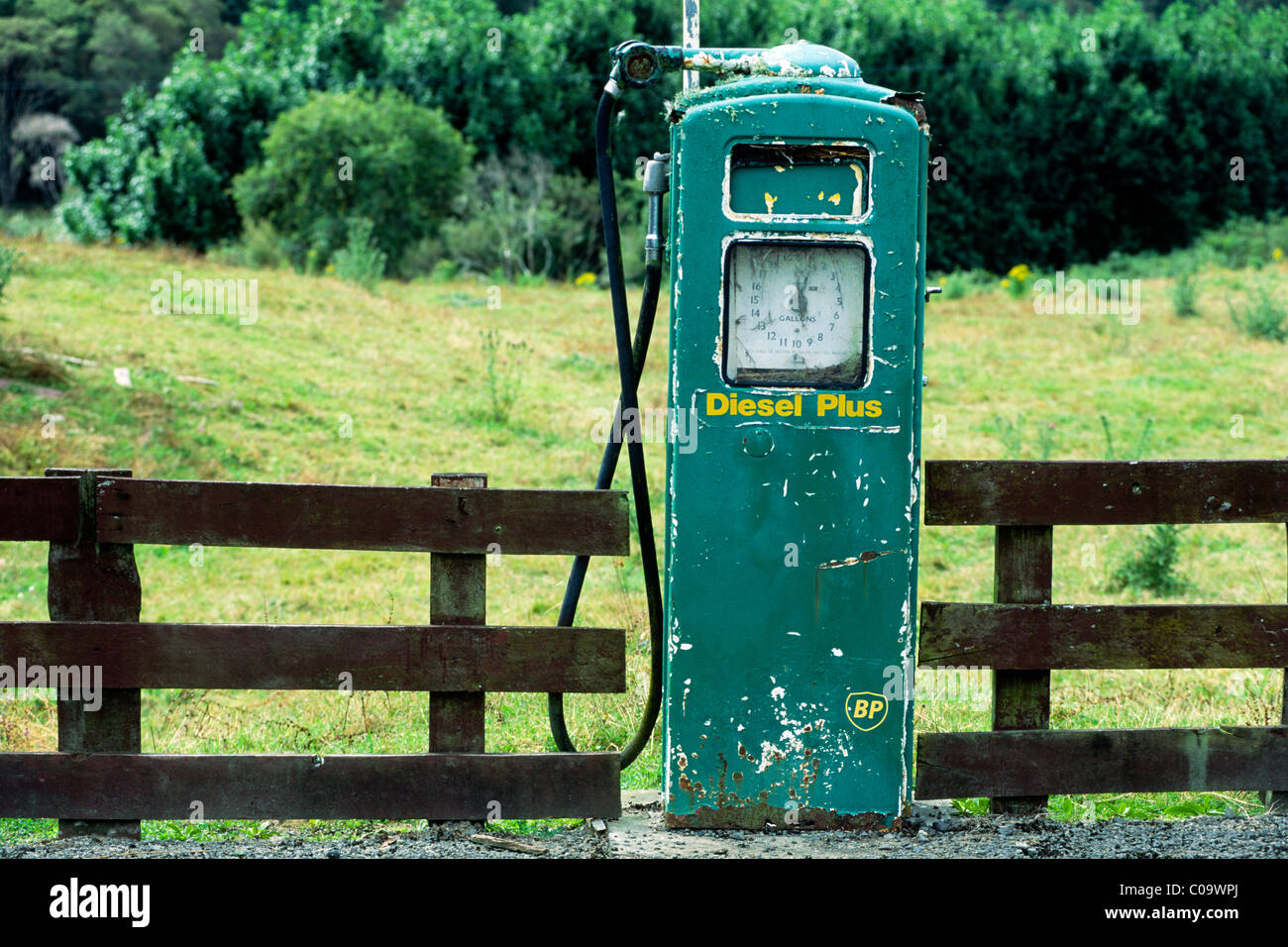 Worn petrol pump from BP, South Island, New Zealand Stock Photo