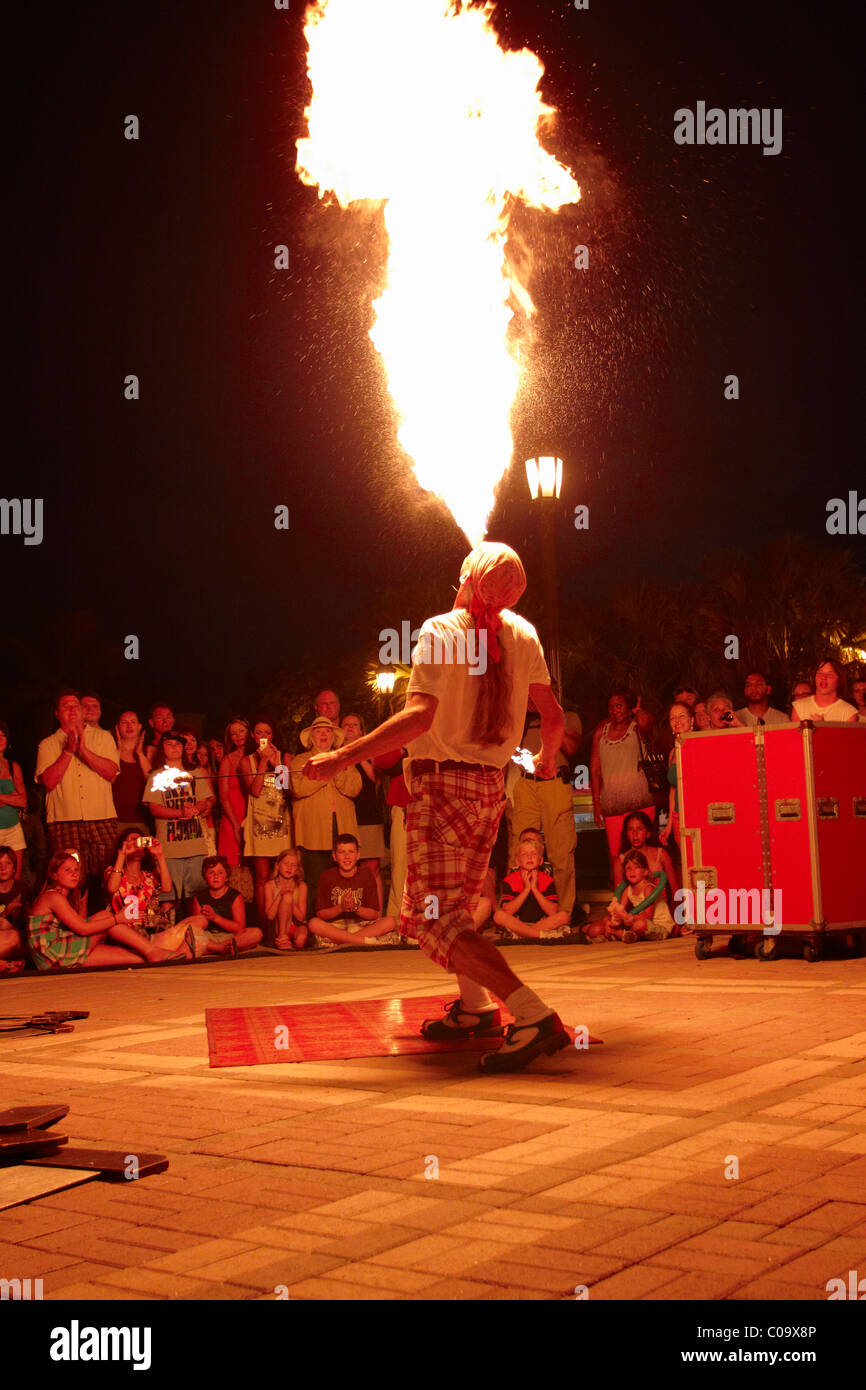 A fire breather street performer at Mallory Square Florida Stock Photo