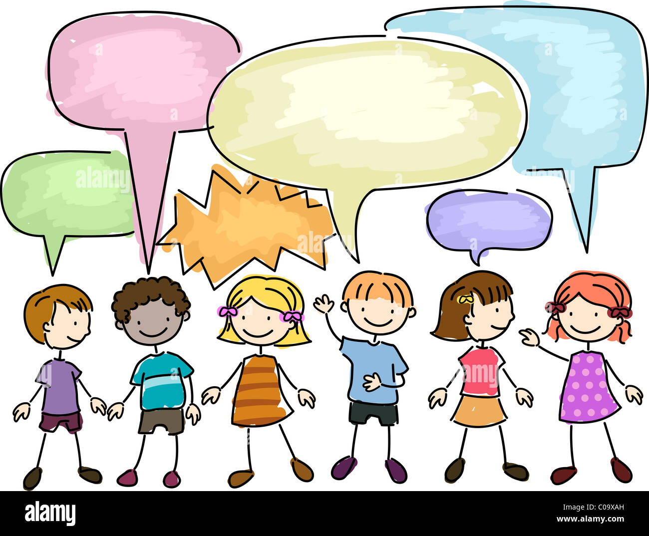 Illustration of a Group of Kids Talking Stock Photo
