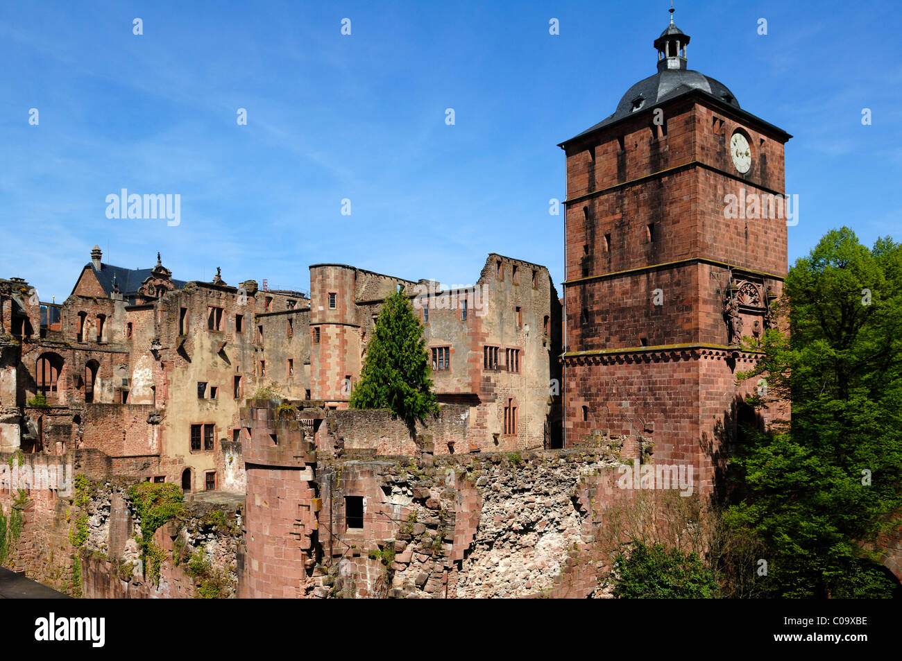 Ruins of the Ruprechtsbau building with the drawbridge building of Heidelberg Castle, destroyed in 1689, view from Stueck-garden Stock Photo