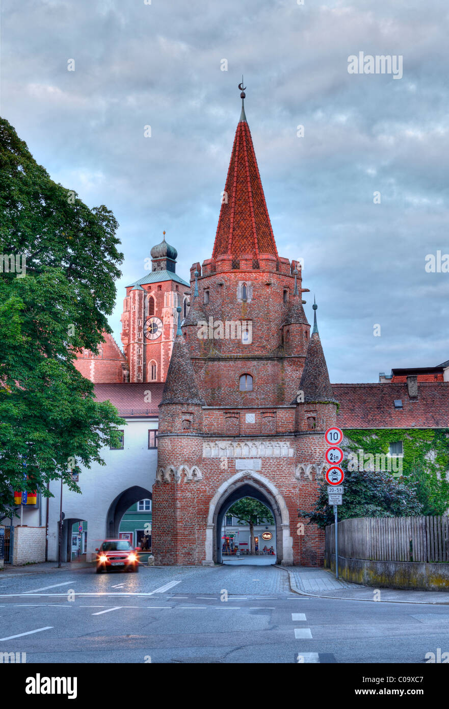 Kreuztor city gate and Liebfrauenmuenster or Muenster Zur Schoenen unseren Frau, Church of Our Lady, Ingolstadt, Upper Bavaria Stock Photo