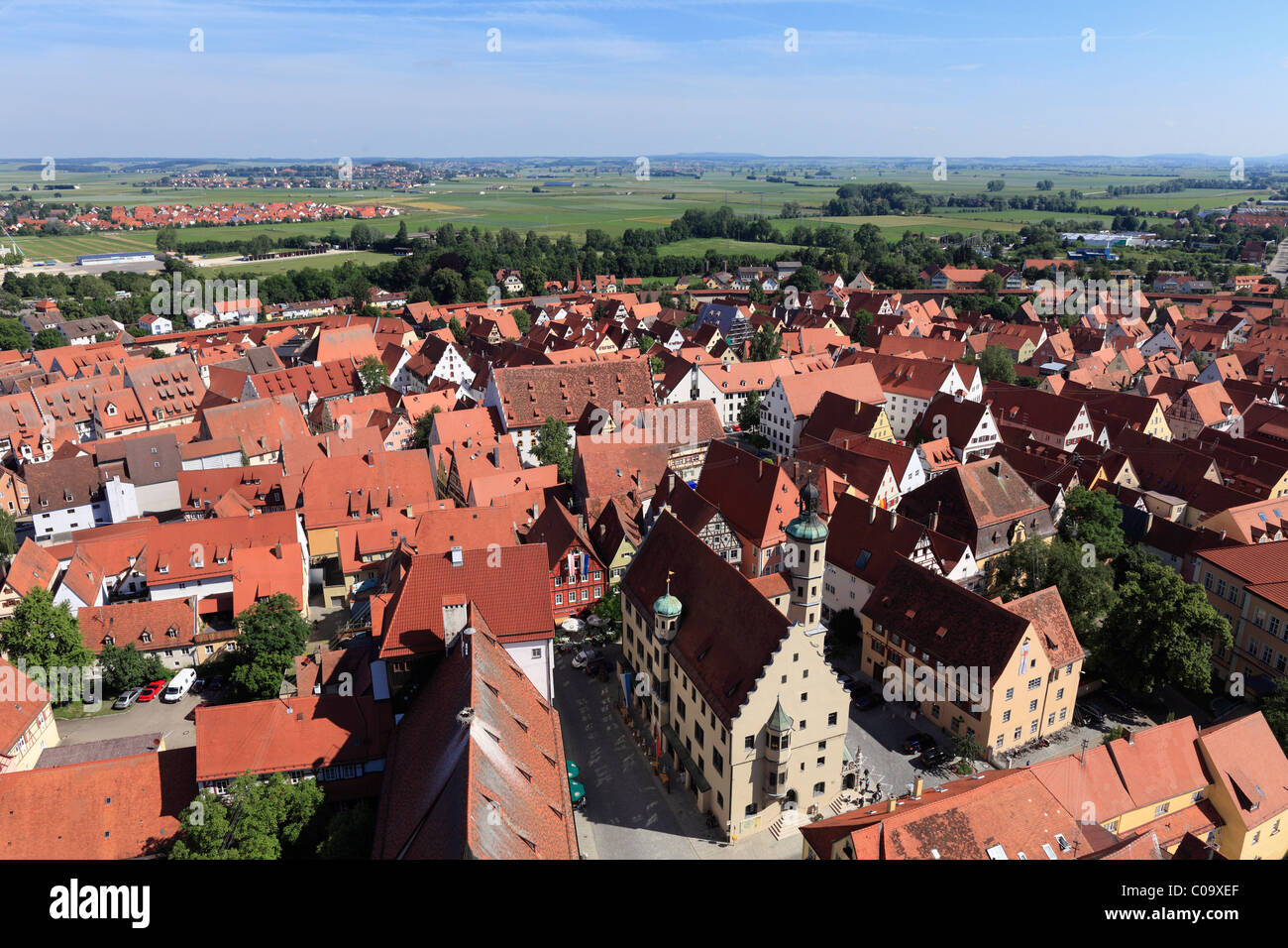 View from the tower of the Daniel or St.-Georgs-Kirche church to the north, town hall, Noerdlingen, Swabia, Bavaria Stock Photo