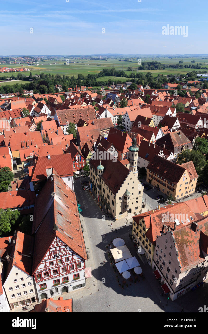 View from the tower of the Daniel or St.-Georgs-Kirche church to the north, market place and town hall, Noerdlingen, Swabia Stock Photo