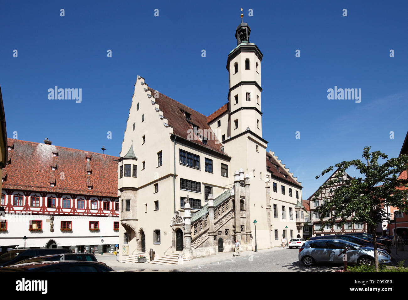 Town hall with staircase, Noerdlingen, Swabia, Bavaria, Germany, Europe Stock Photo
