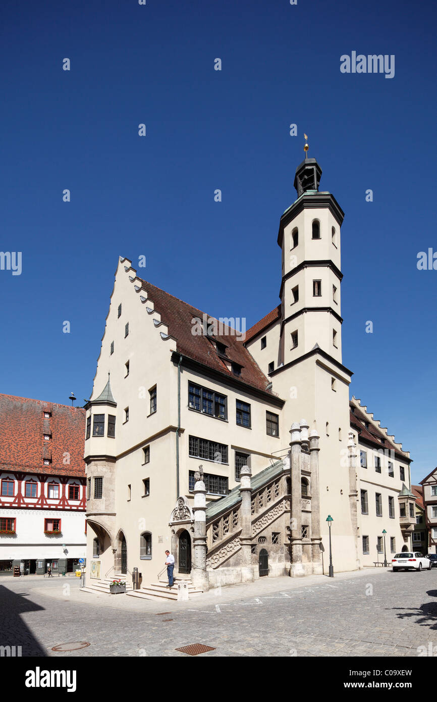 Town hall with staircase, Noerdlingen, Swabia, Bavaria, Germany, Europe Stock Photo