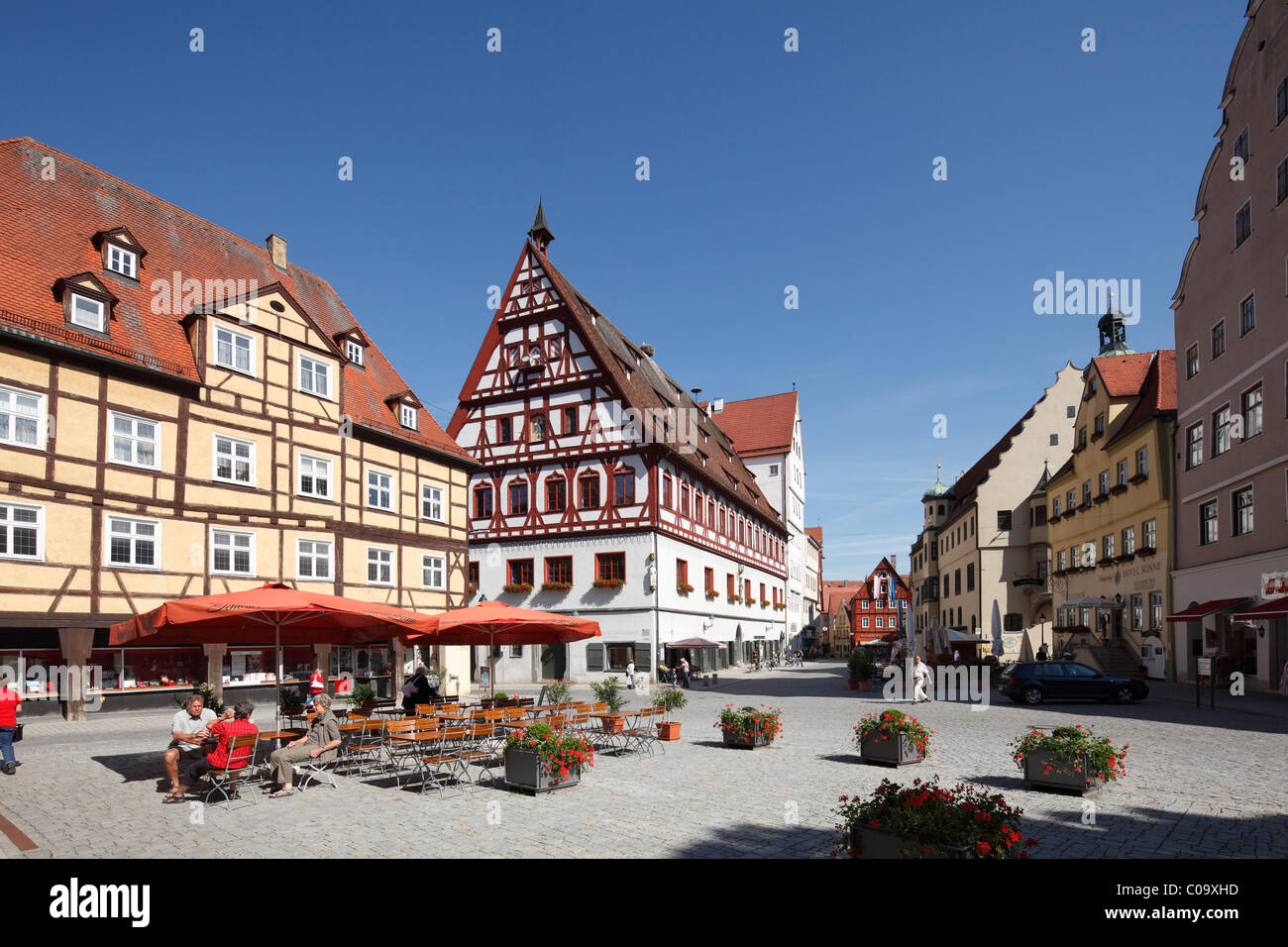 Market square and Tanzhaus building, Noerdlingen, Swabia, Bavaria, Germany, Europe Stock Photo