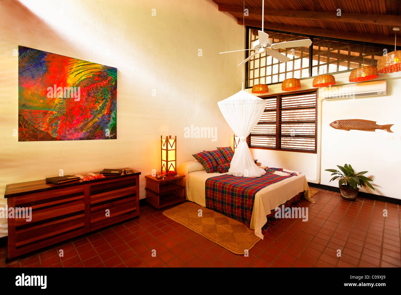 Large hotelroom, naturally ventilated through construction method, mosquito net, Luxury Hotel Anse Chastanet Resort, LCA Stock Photo