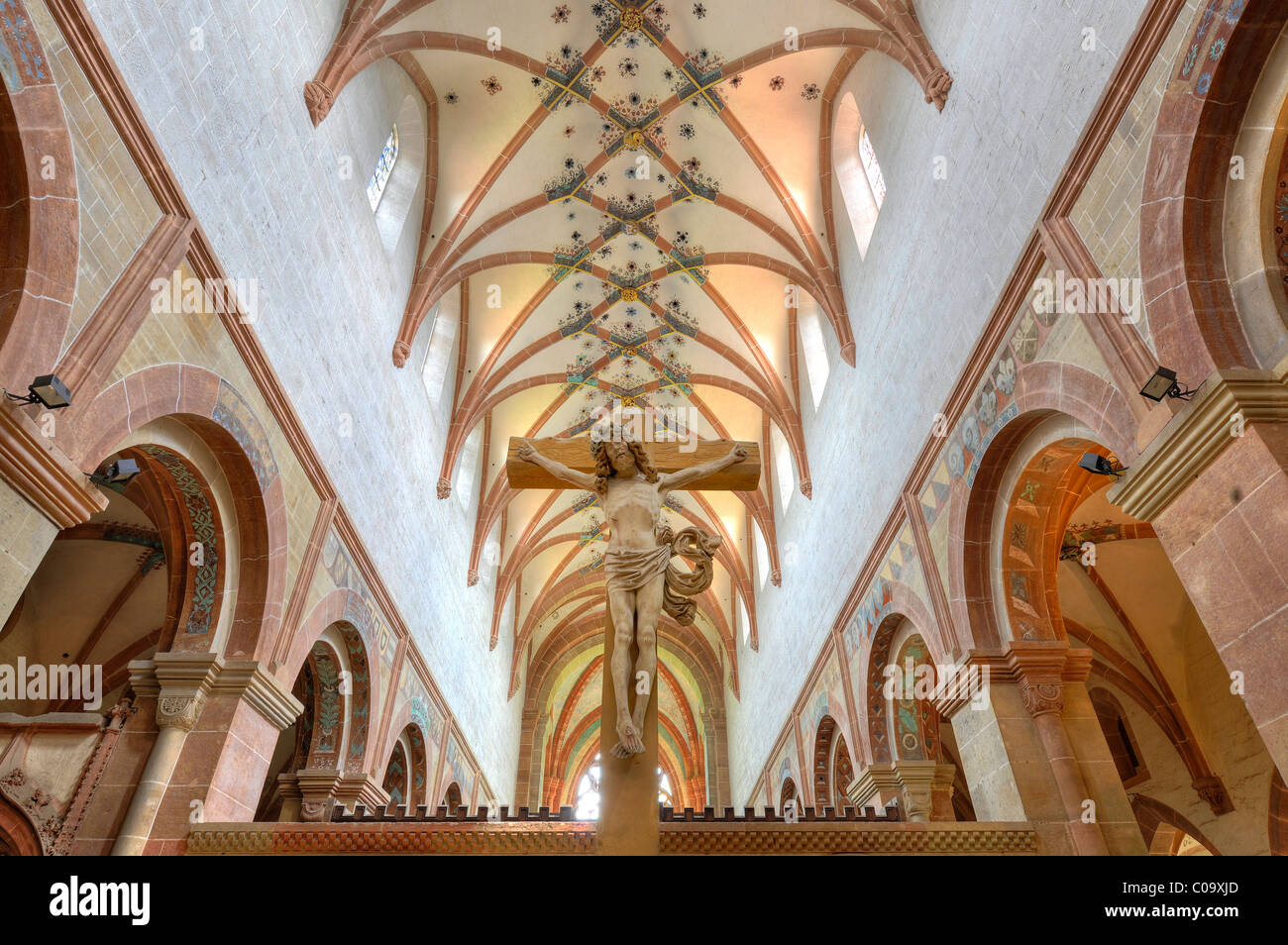 Interior, crucifix in the nave of the Lay Church, rib vaulting, Maulbronn Monastery, Cistercian Abbey Stock Photo