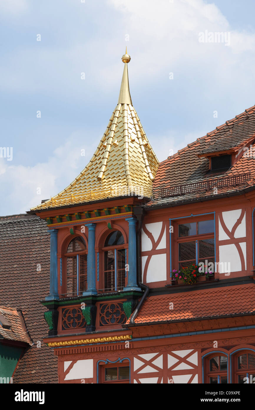 Golden roof and oriel window of the town hall, Schwabach, Middle Franconia, Franconia, Bavaria, Germany, Europe Stock Photo