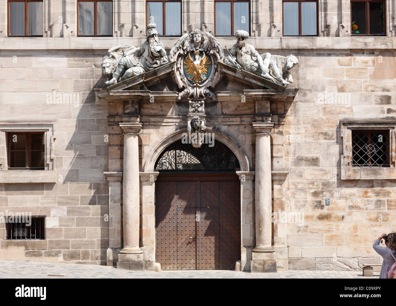 Left side door of the town hall, Nuremberg, Middle Franconia, Franconia, Bavaria, Germany, Europe Stock Photo
