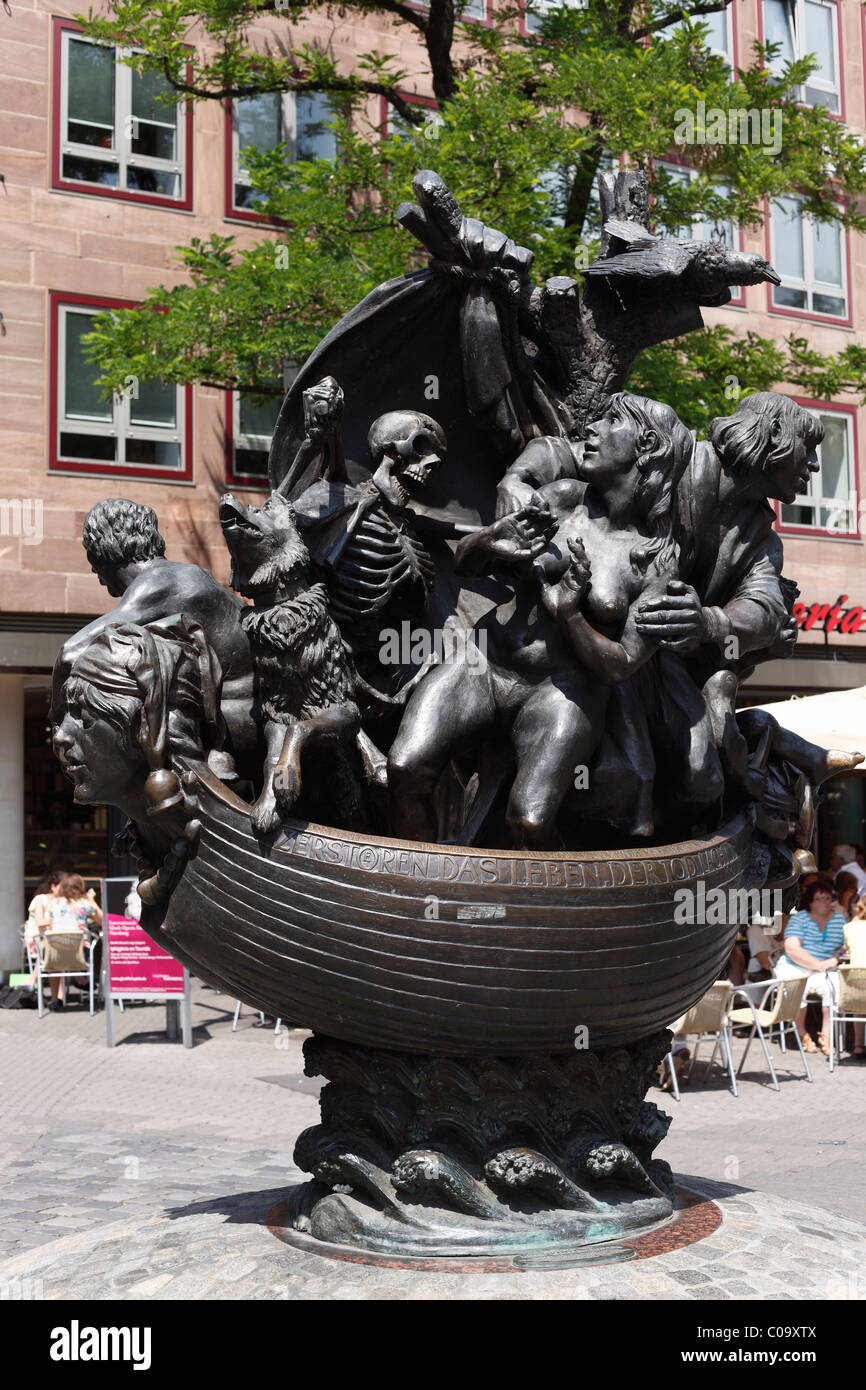 Sculpture 'Narrenschiff', German for 'Ship of fools' by Juergen Weber, Nuremberg, Middle Franconia, Franconia, Bavaria Stock Photo