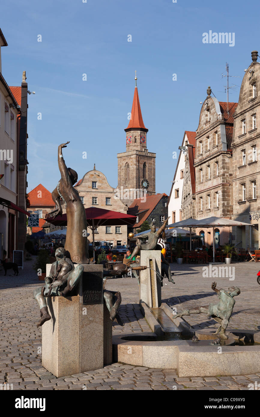 Gauklerbrunnen Fountain, market square, Michaelskirche Church, Fuerth, Middle Franconia, Franconia, Bavaria, Germany, Europe Stock Photo