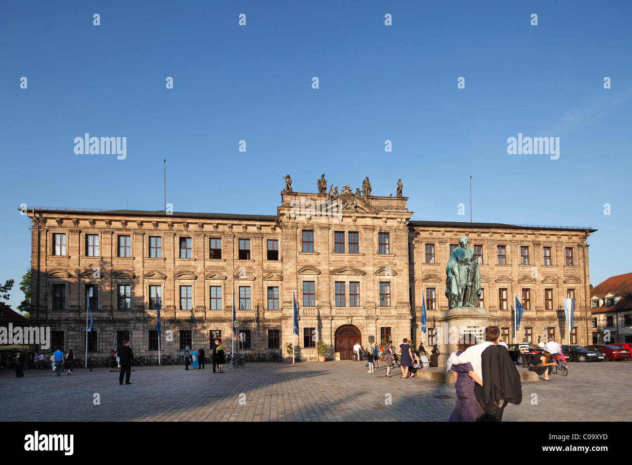 Castle and memorial to margrave, Schlossplatz Square, Erlangen, Middle Franconia, Franconia, Bavaria, Germany, Europe Stock Photo