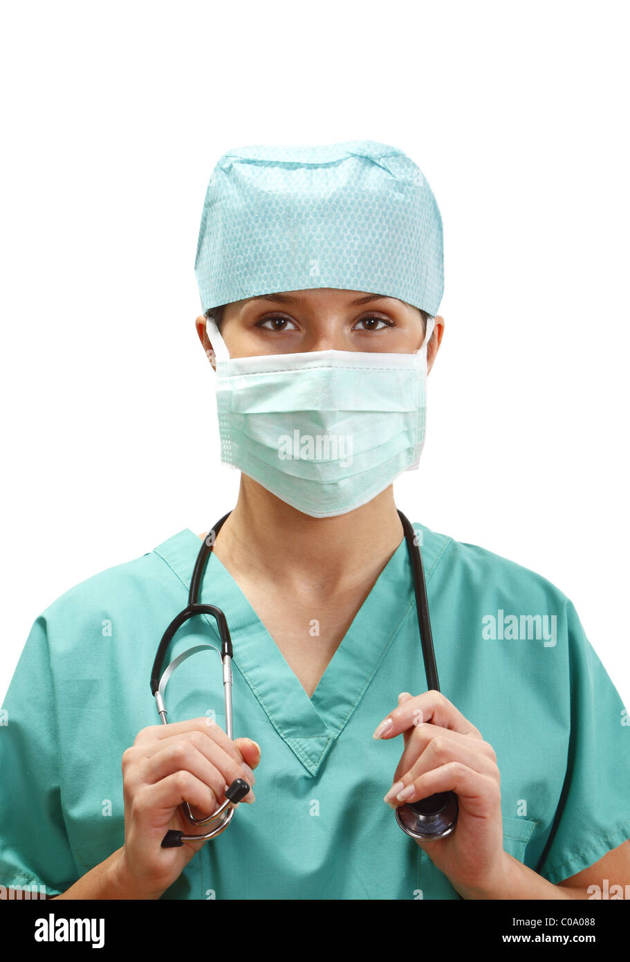 Portrait of a confident female doctor with stethoscope and wearing a ...