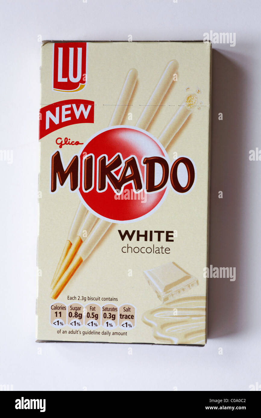 Box of LU new Glico Mikado white chocolate biscuits isolated on white background - Mikado sticks Stock Photo