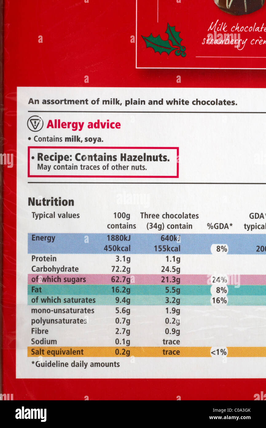 Guideline daily amounts information and allergy advice on the back of a box of an assortment of milk, plain and white chocolates Stock Photo