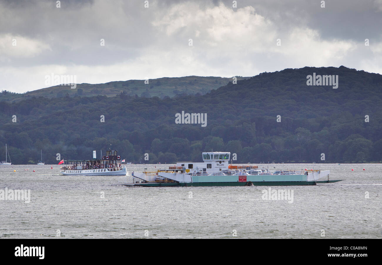 Windermere car ferry the the steamer the Tern in the background Stock