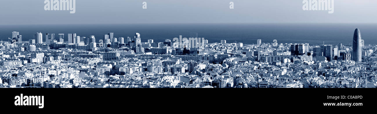 Barcelona skyline panorama, blue toned Stock Photo