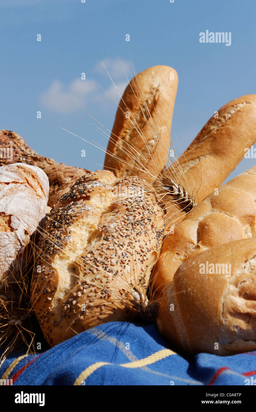 A close-up of a variety of breads on a colored tablecloth with a blue sky and clouds. Stock Photo