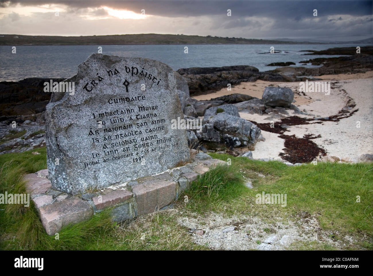 Stone with inscription. Coral Beach. Carraroe. County Galwey. Republic of Ireland. Stock Photo