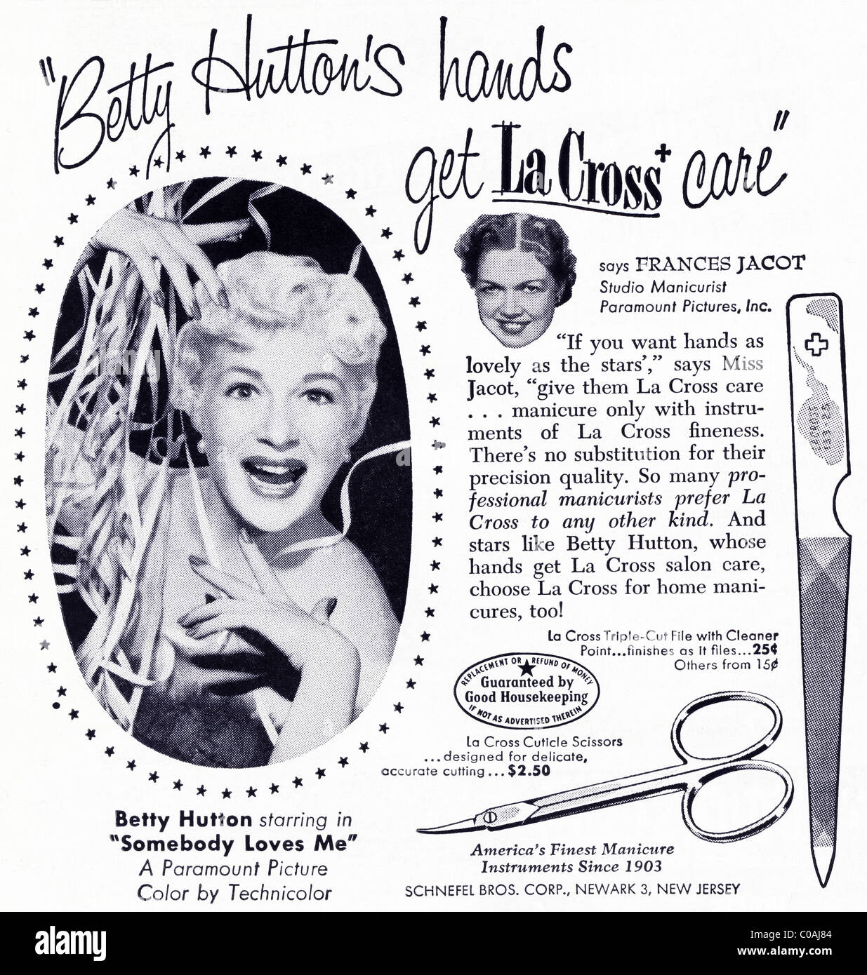 Original 1950s advertisement in American consumer magazine for LA CROSS CUTICLE SCISSORS featuring film star BETTY HUTTON Stock Photo