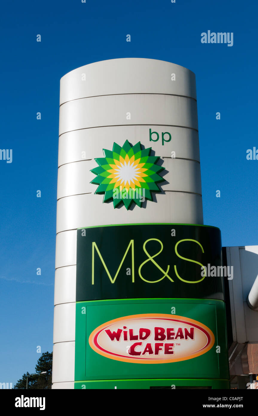 Sign for a M&S Wild Bean Cafe at a BP service station Stock Photo