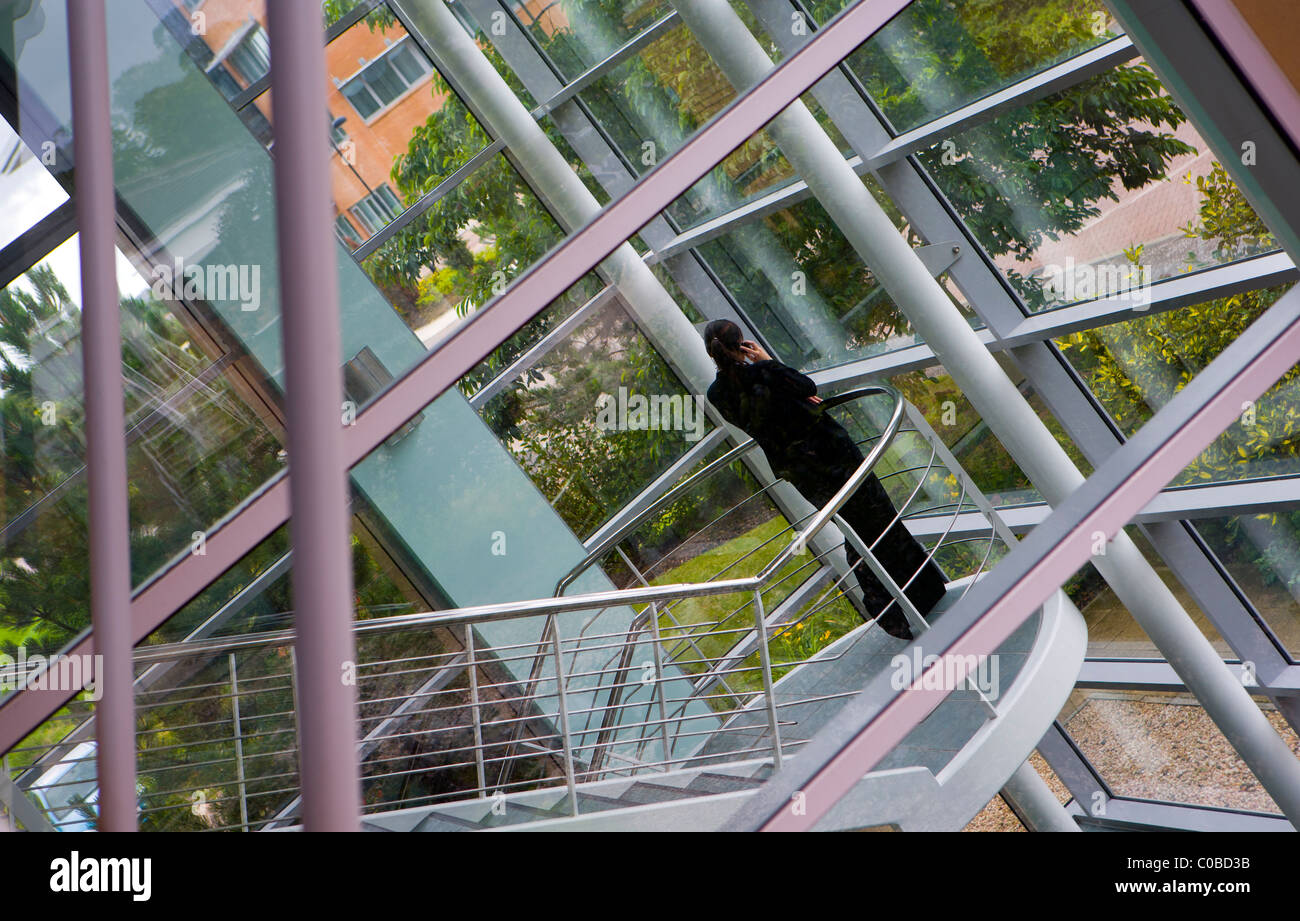 WOMAN TALKING ON A MOBILE PHONE ON THE STAIRWAY OF A NEW OFFICE BUILDING Stock Photo