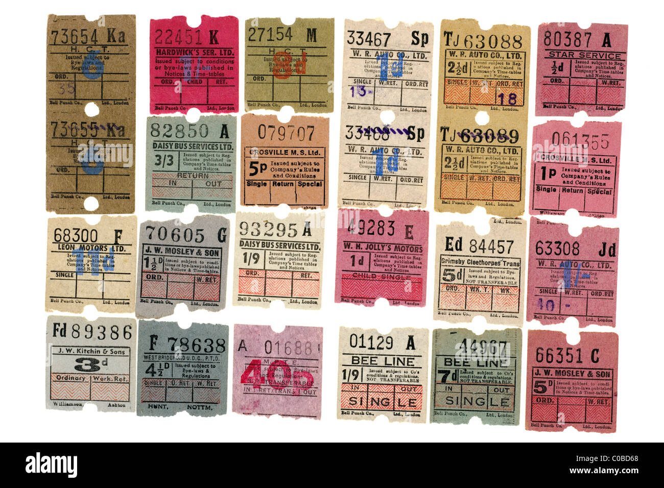 Twenty four assorted bus tickets. EDITORIAL ONLY Stock Photo