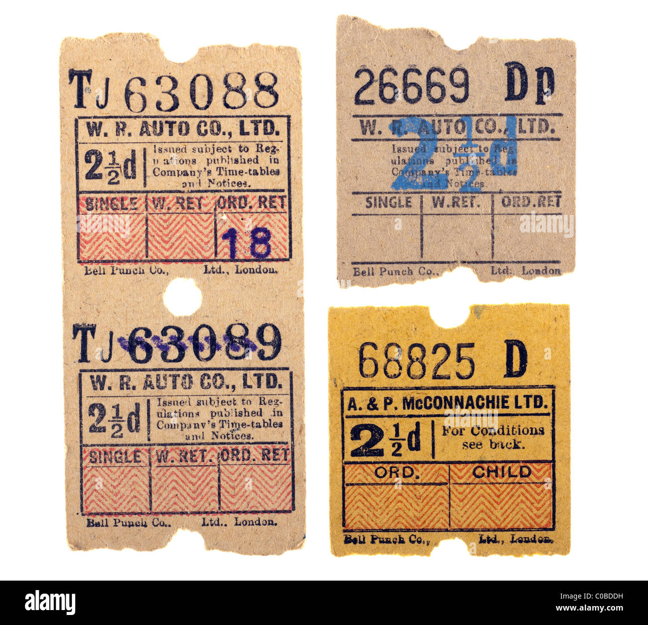 Four old imperial two and a half penny assorted bus tickets. EDITORIAL ONLY Stock Photo