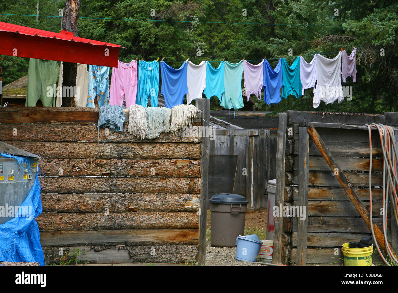 Laundry day.  Hung out to dry. Stock Photo
