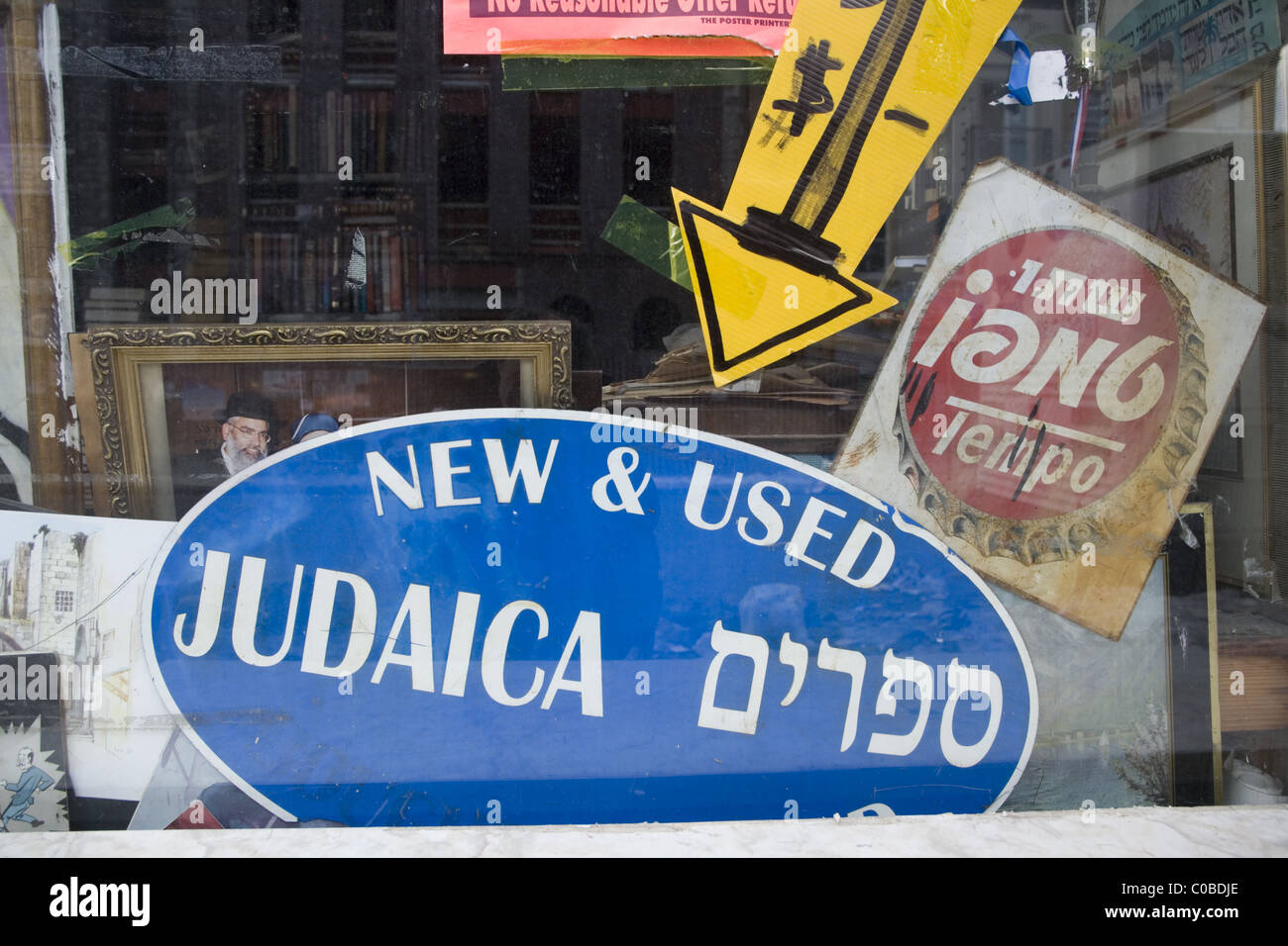 Jewish bookstore in Borough Park, Brooklyn also sells Shaimos or holy articles. Stock Photo