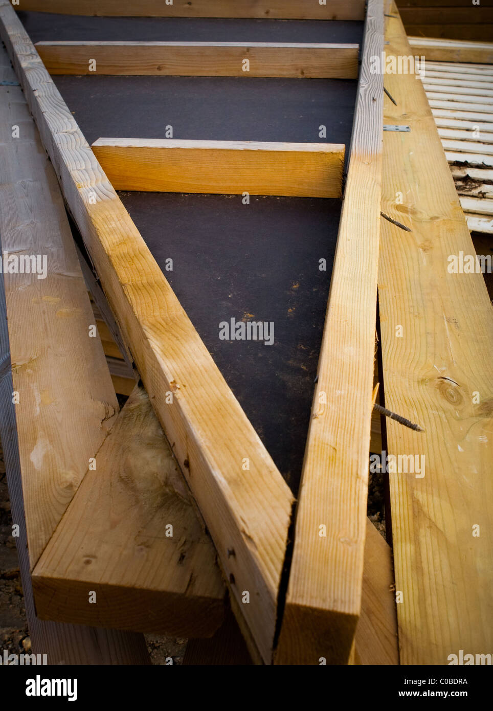 Wooden joists complete ready for lifting into place on new build house