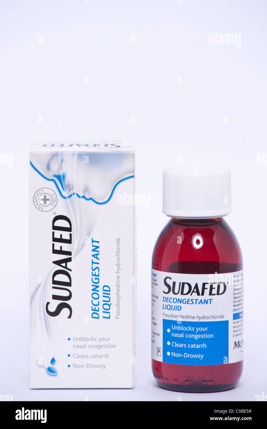 A bottle of Sudafed decongestant liquid to unblock nasal congestion on a white background Stock Photo