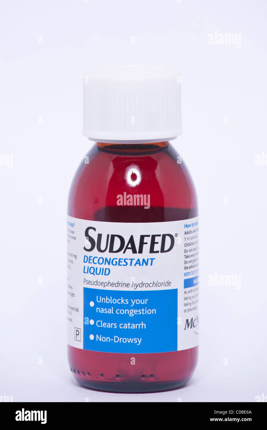 A bottle of Sudafed decongestant liquid to unblock nasal congestion on a white background Stock Photo