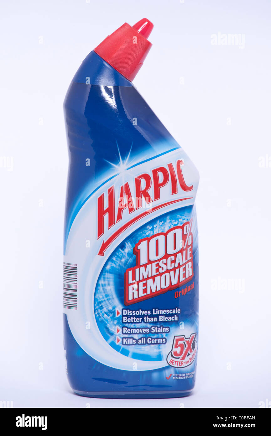 A bottle of harpic 100% limescale remover on a white background Stock Photo