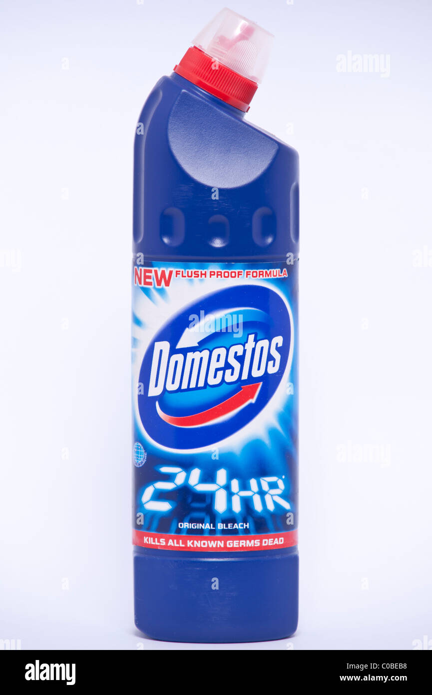 A bottle of Domestos original bleach for killing germs on a white