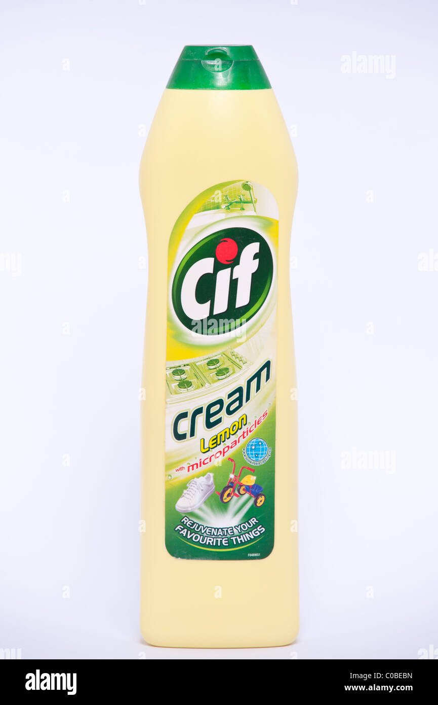 A bottle of Cif cream lemon for cleaning kitchens etc. on a white background Stock Photo